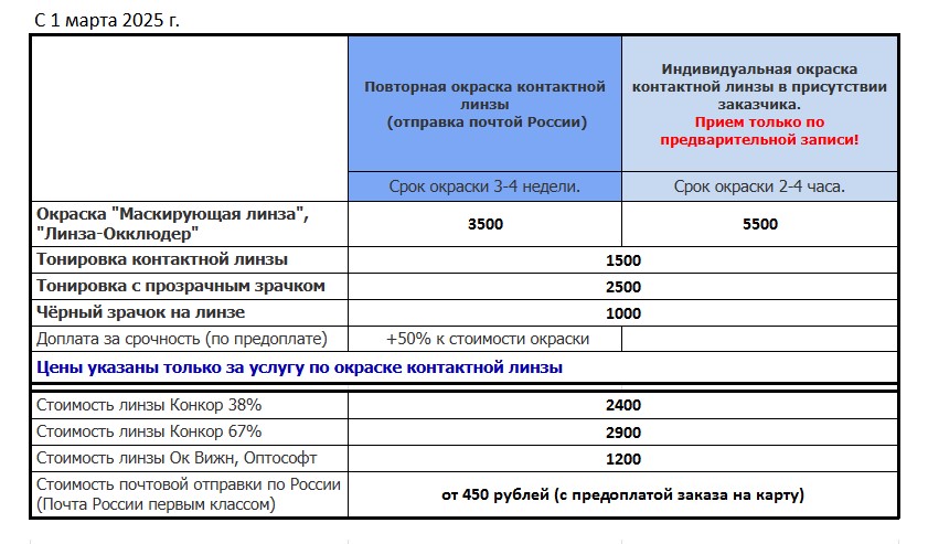 Окраска контактных линз. Цены.